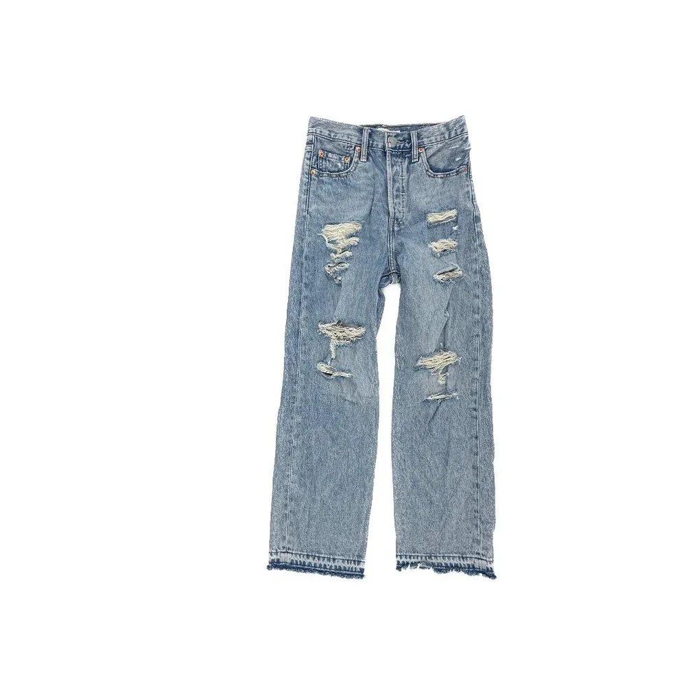 Levi's Ribcage Straight Ankle Distressed Raw Hem Button Fly Women's size 25 Jean - Picture 1 of 6